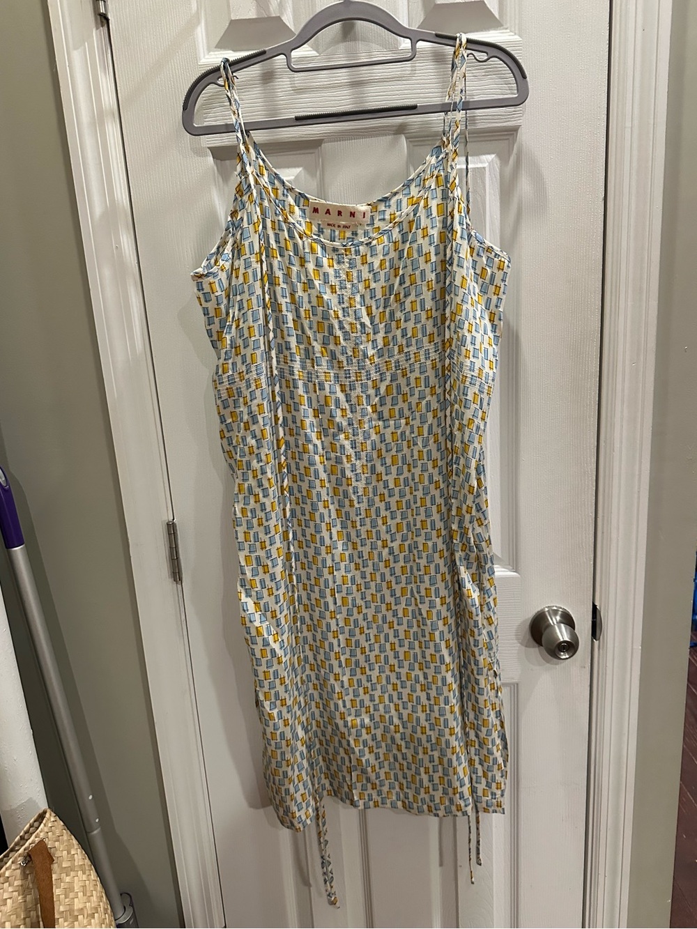 Marni Yellow and Light Blue Geometric Silk Slip Dress